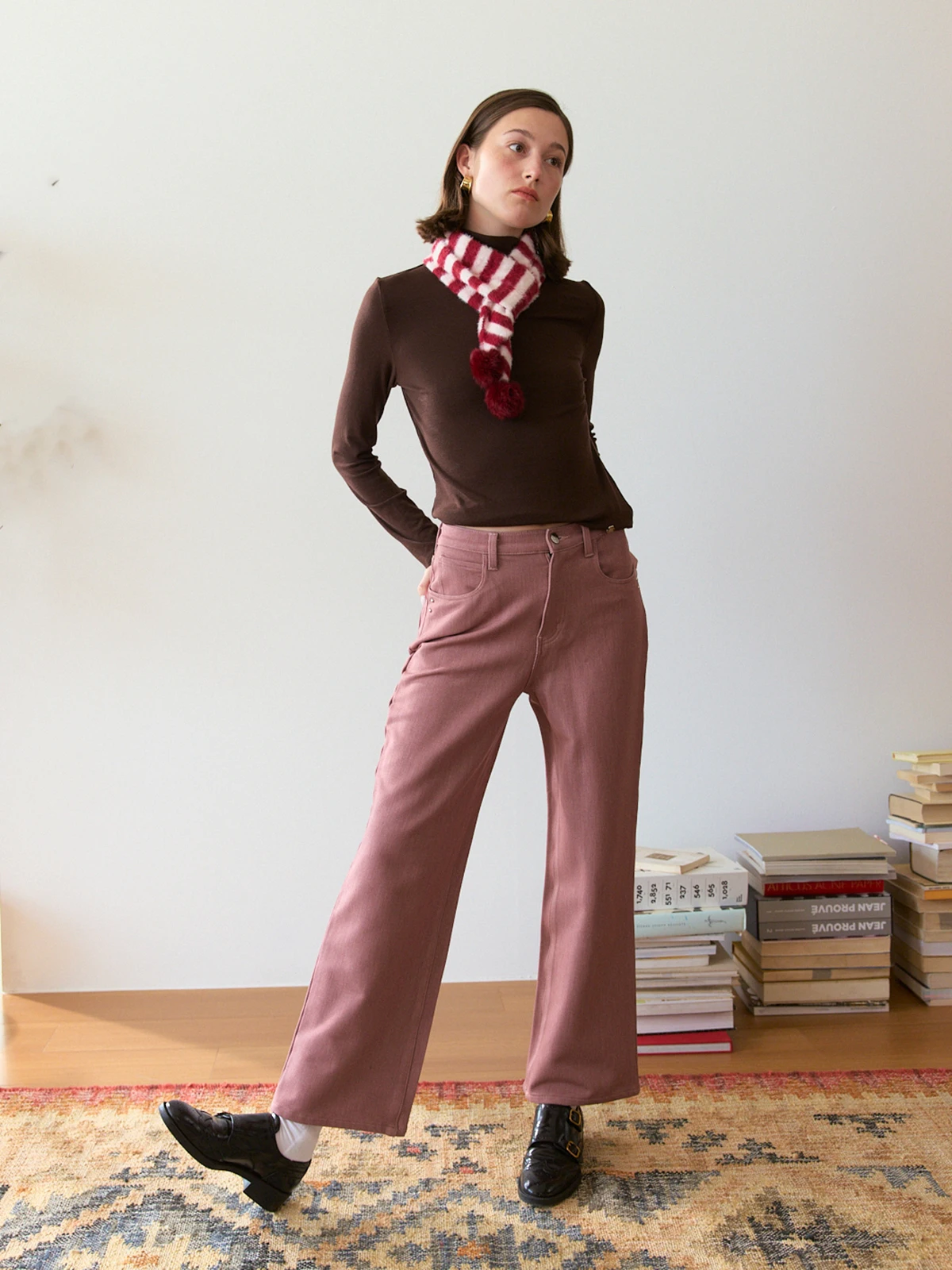 

Джинсы с высокой талией и широкими штанинами Te by FrigidOrg, ретро-стиль, цвет «розовая фасоль», с декоративными заклепками, с эффектом подтяжки ягодиц, повседневные брюки для женщин