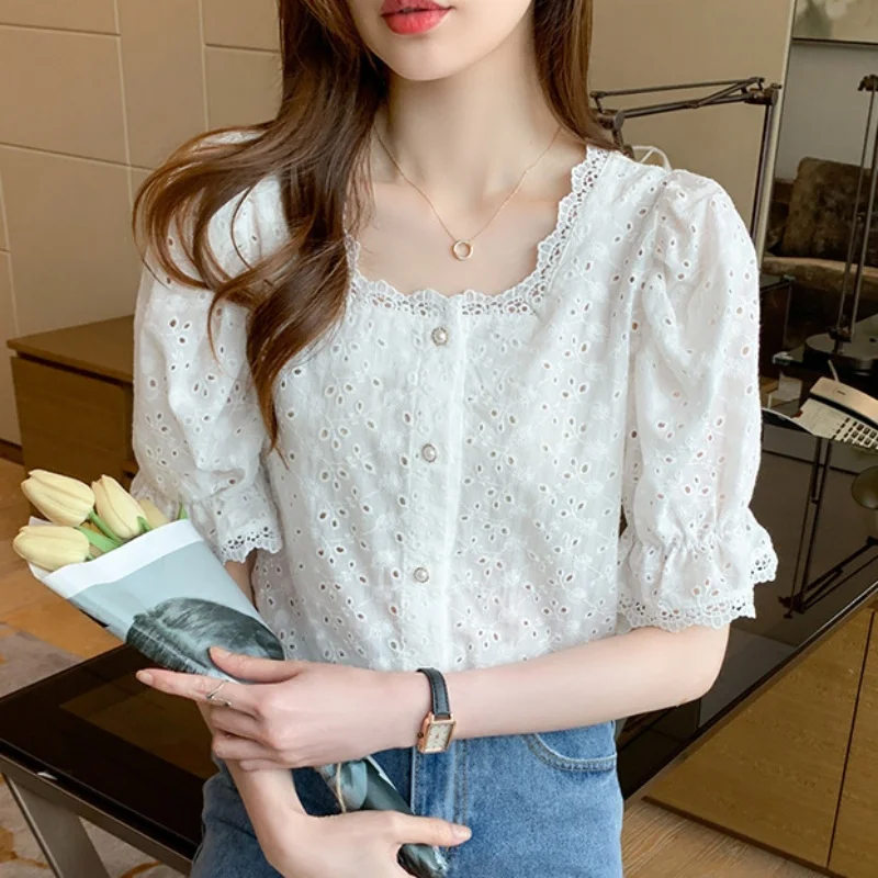 Short Sleeve Lace Hollow Out White Women Blouse Fashion Elegant Summer Vintage Tops Square Collar Shirt