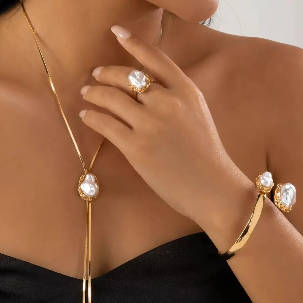 Exggerated Golden Baroque Imitation Pearl Jewelry Set for Women Vintage Snake Chain Necklace Open Cuff Bangle and Ring Jewelry