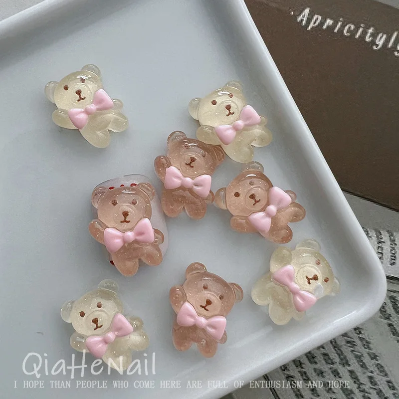 10pcs miniso Ice translucent bear bow cartoon nail charms for diy nail making kawaii cute resin nail art decoreation