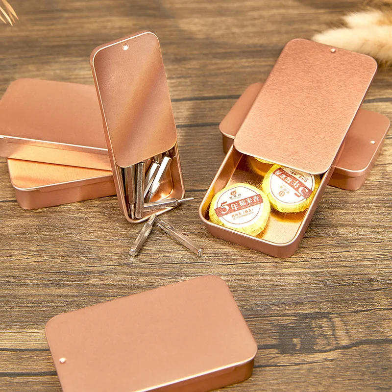 2PC Rose Gold Push-Pull Jewelry Case Earrings Ring Table Organizer Small Sliding Lid Tin Box Toothpick, Candy, Pill Storage Box