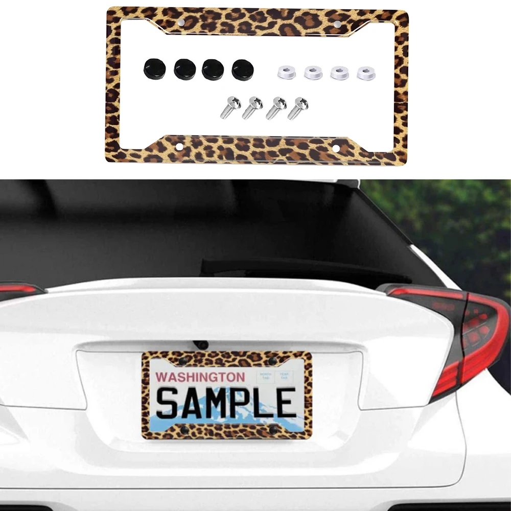 2Pcs Leopard Print License Plate Frame Aluminum Alloy Animal Pattern Car Tag Holder Cool Auto Decor For US Canada