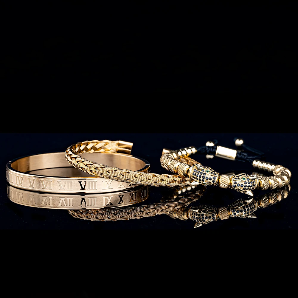Classical Handmade Braiding Bracelet Hip Hop Men Bracelets Pave CZ Leopard Head Roman Numeral Bracelet Stainless Steel Jewelry