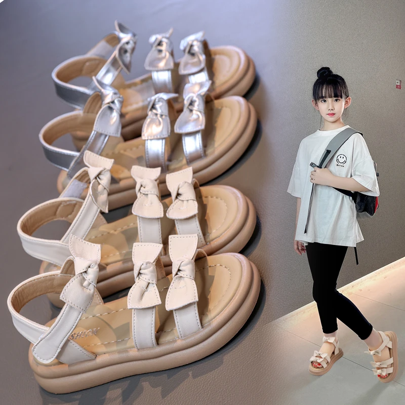 

Детские модные сандалии, новинка лета 2023 года, обувь принцессы с узлом, противоскользящая пляжная обувь для маленьких девочек, корейская версия