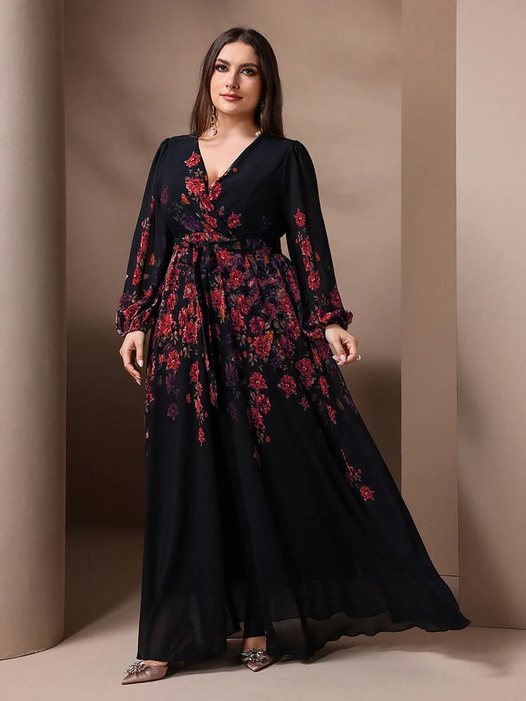 TOLEEN-Women Floral Print V-Neck Long Sleeve Dress, Plus Size, Spring, Summer, Casual, Elegant, Formal Party, Maxi Dresses, 2024