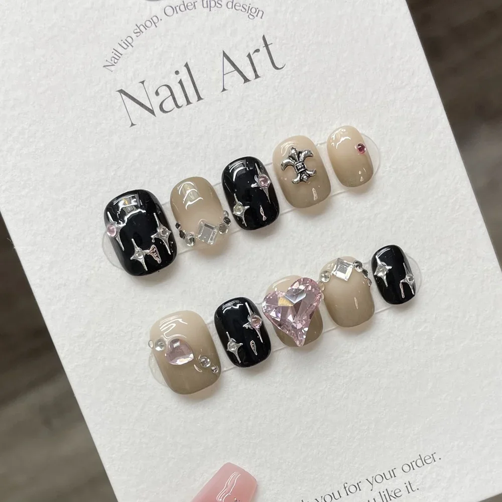 Handgemachte Kurze Presse auf Nägel Schwarz Rosa Wieder Verwendbare Falsche Nägel mit Design Künstlichen Volle Abdeckung Nagel Tipps Nail art Maniküre y2k