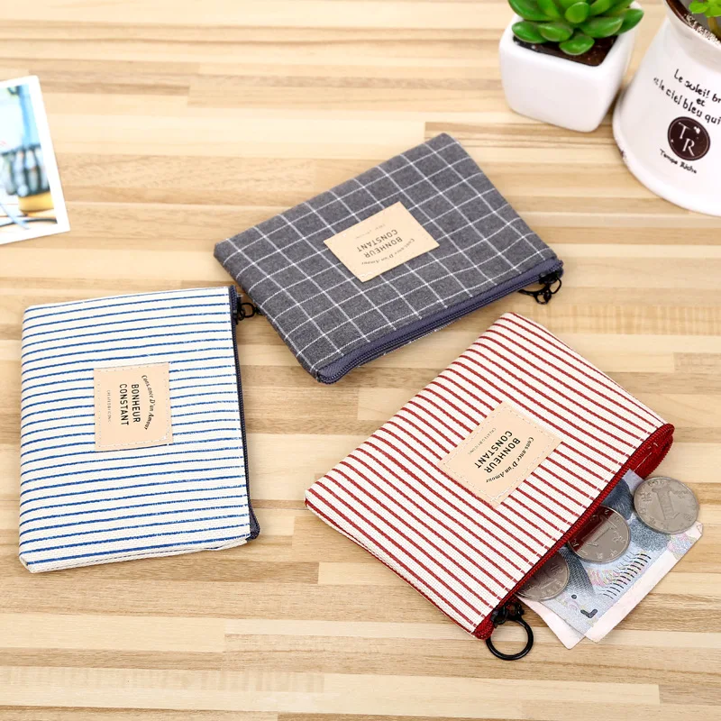 Cute Wallet Women Fabric Key Coin Purse Cartoon Square Mini Coin Pouch Letter Striped Print Zipper Canvas Bags for Girls