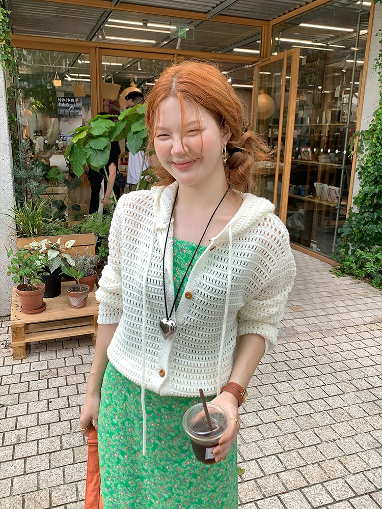 

Свободная женская корейская вязаная кофта с капюшоном и вырезами, тонкая повседневная короткая куртка из полиакрилонитрилового волокна Sweet Melody