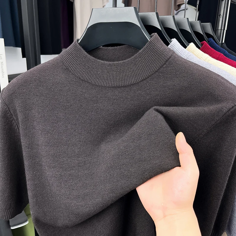 Herren Einfarbige Mock-Neck Kurzarm-Strick-T-Shirts Lässige Basis-Oberteile Weich Dehnbar Knitterfrei Für Alle Jahreszeiten Geeignet – Detail 6