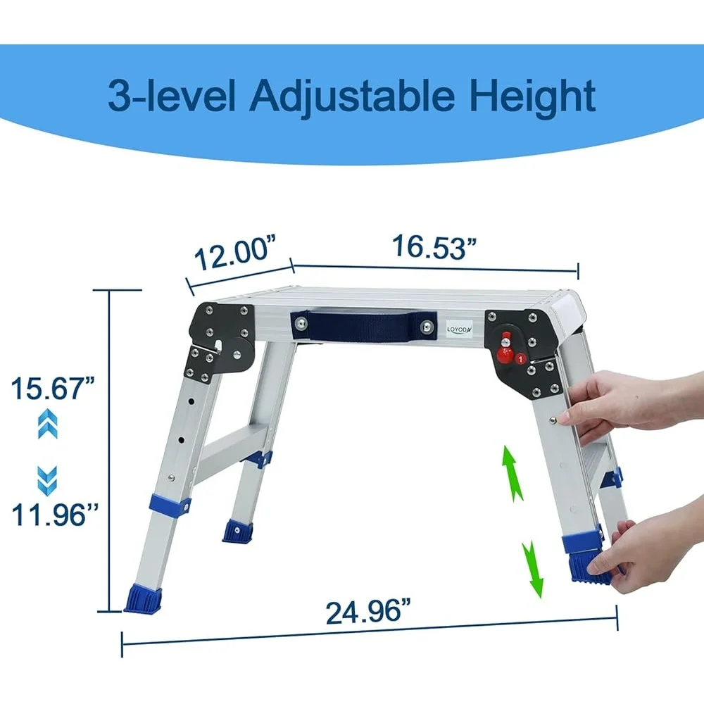 Folding Step Stool Adjustable Height Portable Lightweight Aluminum Work Platform Tool-Free Assembly Durable Indoor Outdoor Use