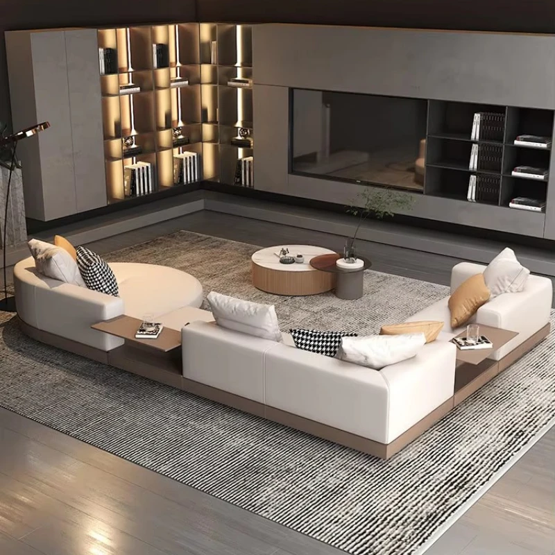 Luxury Italian Leather Sofa Set Modern Living Room Couch Minimalist Design Curved Wooden Frame High End Designer Villa Furniture