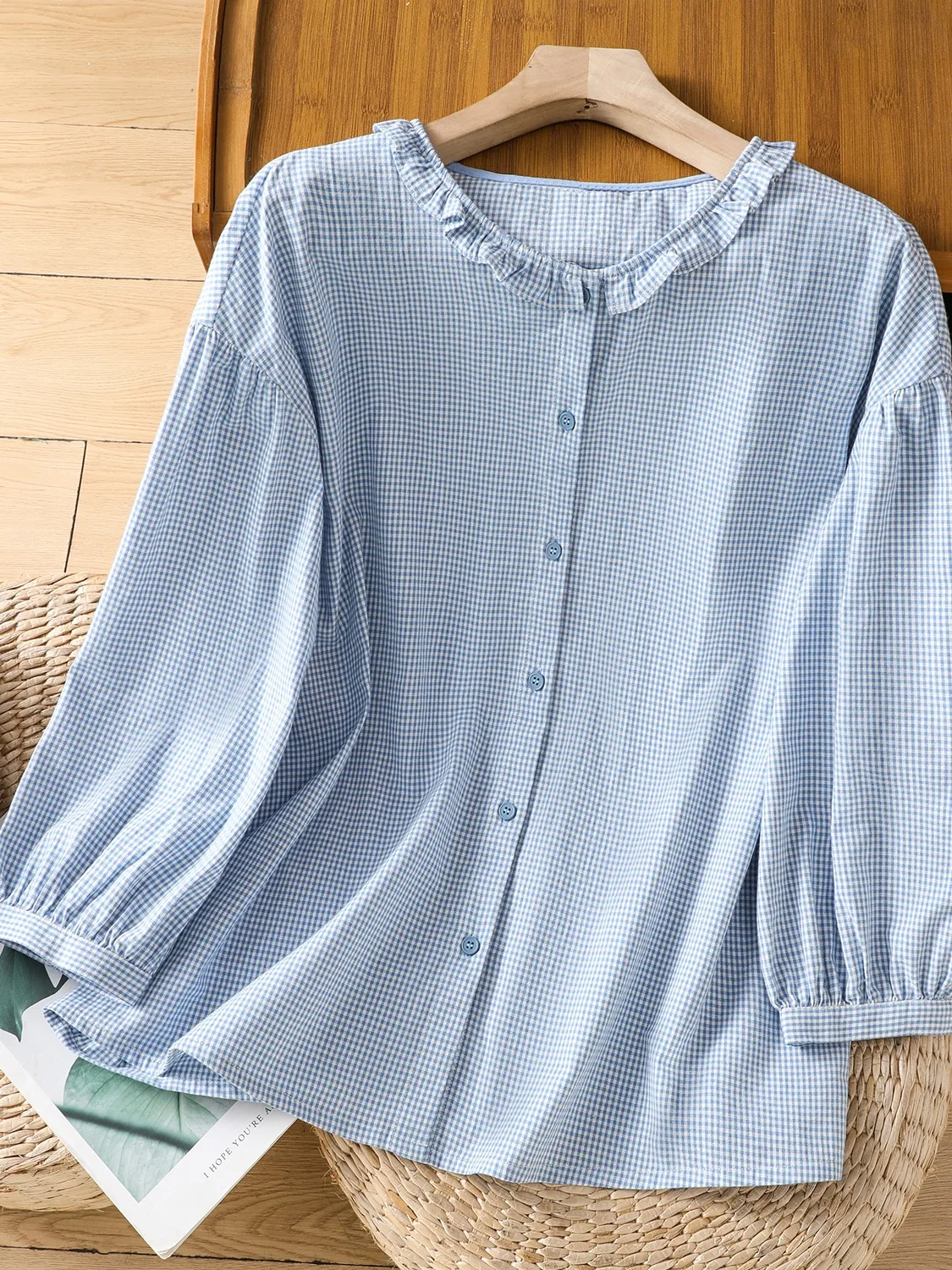 

Повседневная свободная хлопковая рубашка для женщин, летняя, омолаживающая, утягивающая, с рукавом три четверти, с цветочным кружевным воротником, из чистого хлопка