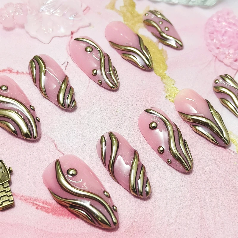 10PCS Handmade Y2k Press on Nails Girl Medium Almond Acrylic False Nails Full Cover Reusable Striped Goth Artificial Nail Tips