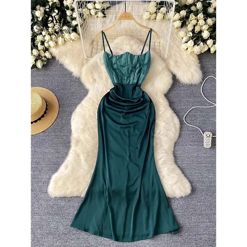 

SINGREINY Evening Party Senior Slim Dress Women Spaghetti Strap Backless Zipper Sleeveless Bodycon 2024 Newest Satin Long Dress