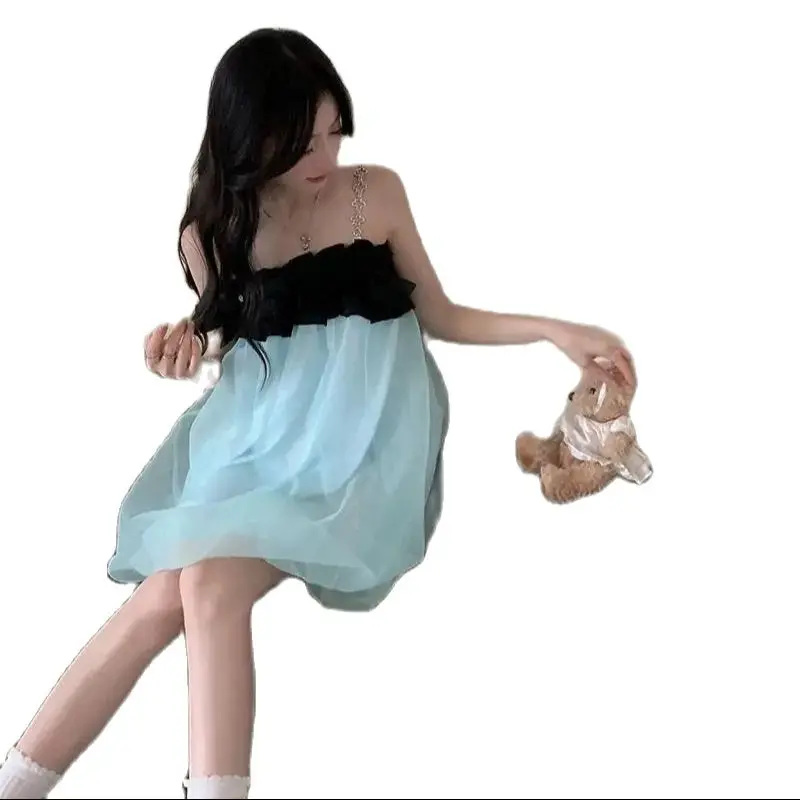 Korean Womne Sweet Splice Chain Blue Suspended Dress Women Summer New Color Contrast Bowknot Mesh Stitching Short Dresses