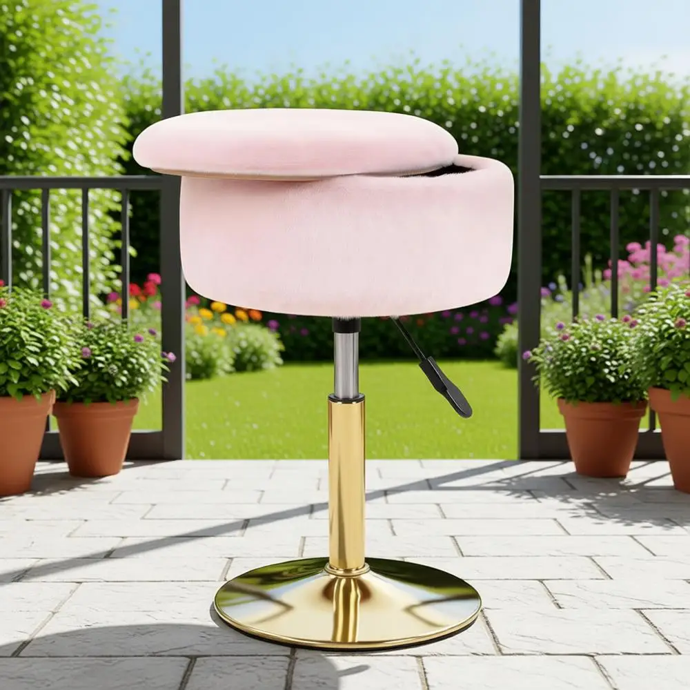 

360° Swivel Gold Vanity Stool with Storage, Pink Round Ottoman for Makeup and Bathroom Use