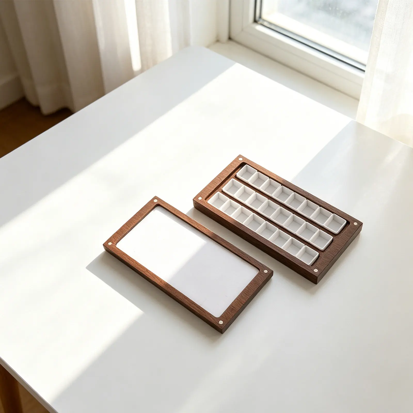 Wooden Watercolor Palette Box 24 Half Pans Portable Paint Mixing Tray Magnet Cover Artist Pigment Storage Case 24 Well Organizer
