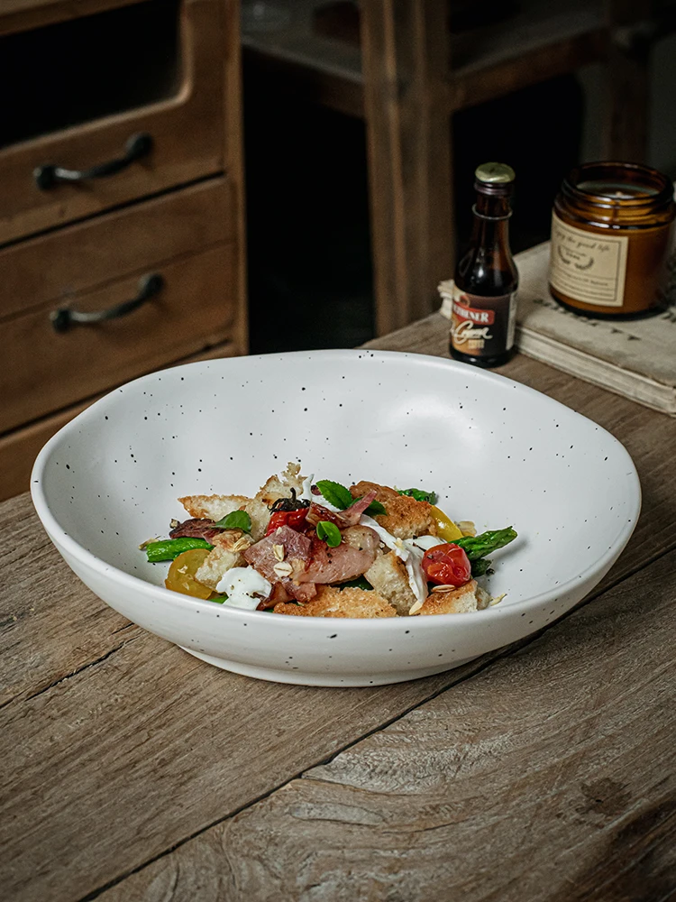 

Ins Style 8.5 Inch Splatter Deep Dish Matte Ceramic Salad Plate Curry Rice Dish