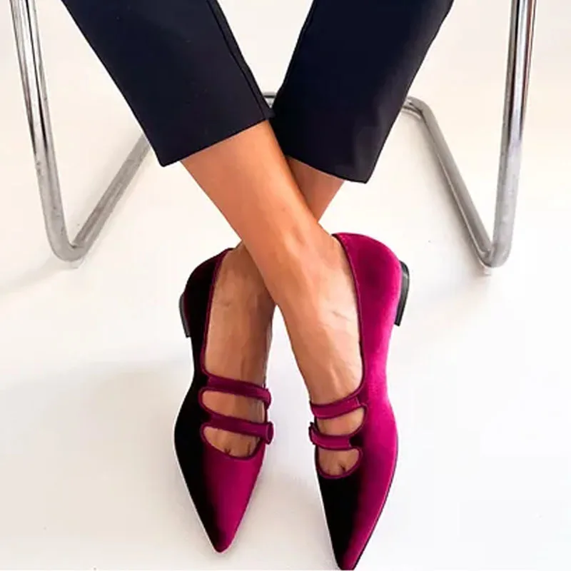 

Wine Red Women Pointed Toe Flat Shoes Shallow Elegant Mary Jane Shoes Soft Low Ballerinas Shoes