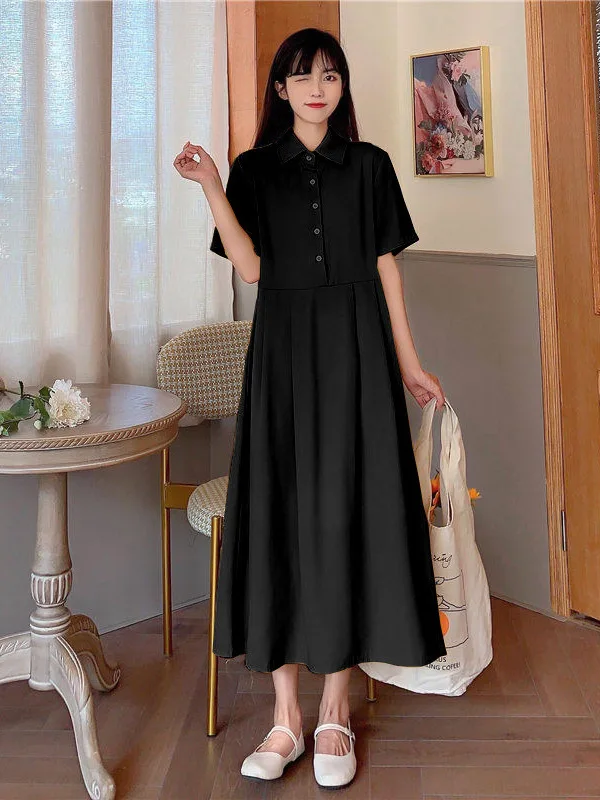 plus Size A-Line Dress Slimming Waist Flip Collar Black  Dress French Style Polyester Fiber Short Sleeve Long Dress