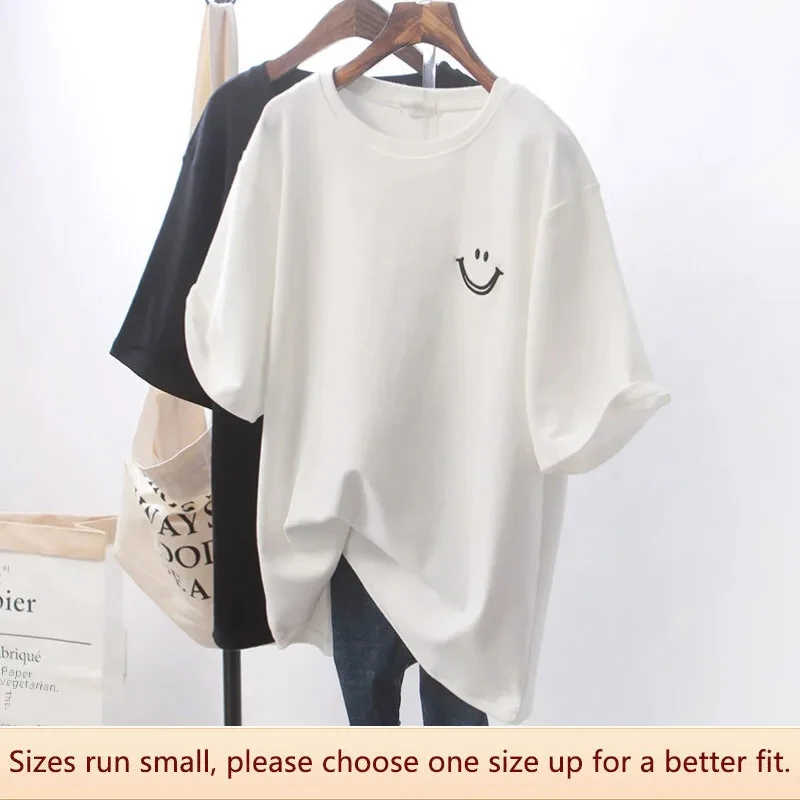 Summer New Round Neck Loose Casual T-shirt Women's Short-sleeved Fun Smiley Print Top Bottoming Shirt