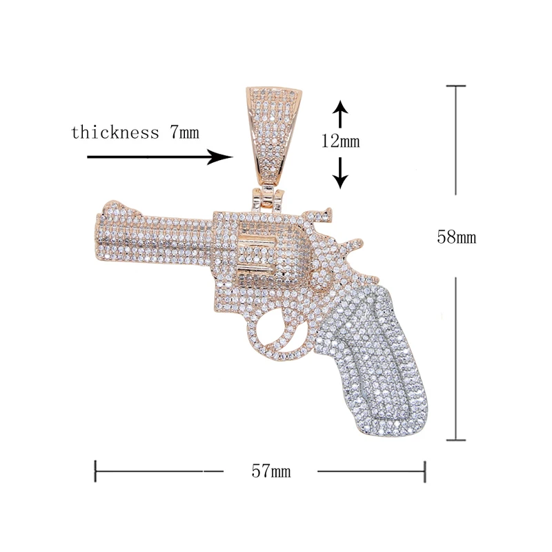 Iced Out Bling Hip Hop CZ Revolver Gun Pendant Necklace Gold Color Cubic Zirconia Pistol Charm Necklaces Men Fashion Jewelry