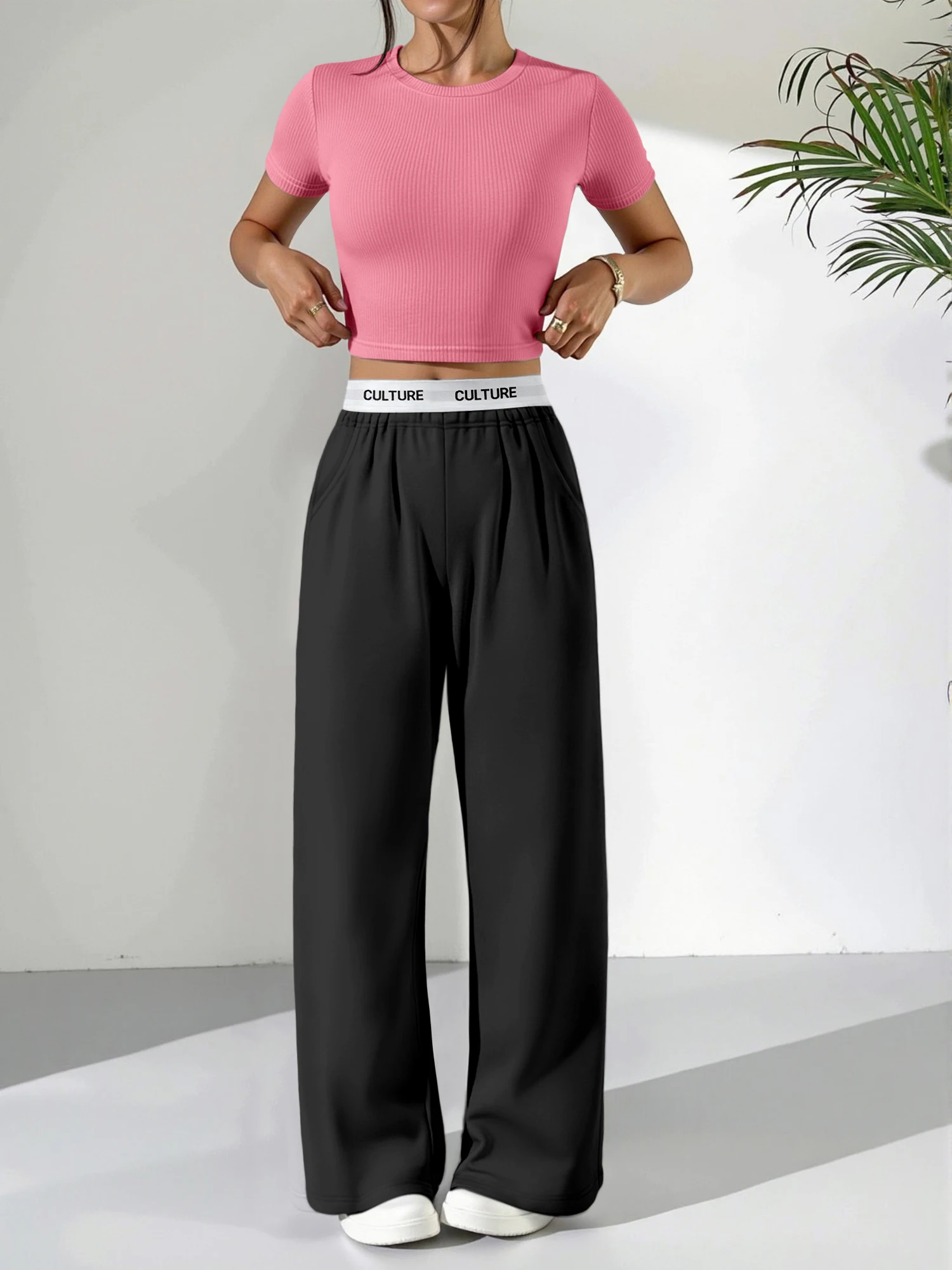 

Casual Ribbed Knit 2 Piece Set For Women, Short Sleeve Crop Top & High Waist Letter Print Waistband Wide Leg Pants Daily Wear
