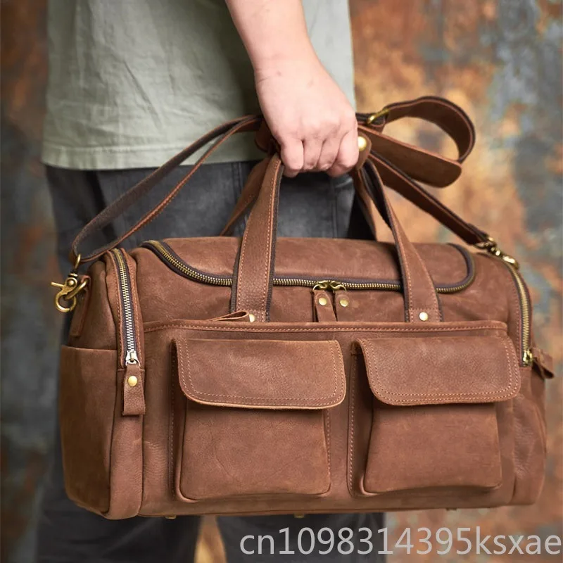 

Мужская кожаная дорожная сумка большой вместимости из натуральной воловьей кожи высшего качества, винтажная, для путешествий, спортзала, спорта и поездок на выходные