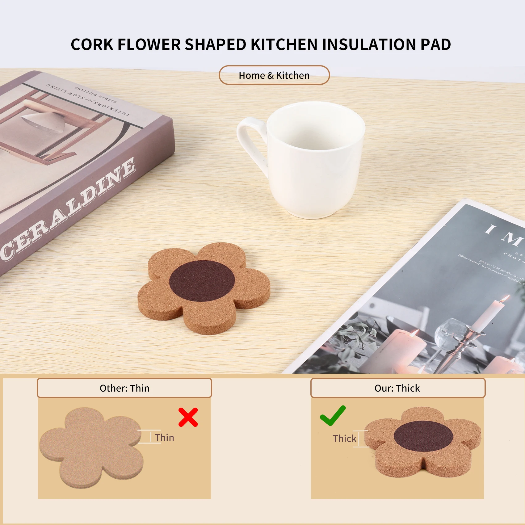 12PCS Cute Coasters for Drinks,Absorbent&Reusable Coaster Set 4Inch Cork Flower Shape Coasters for Coffee,Tea Cup Mat HOT