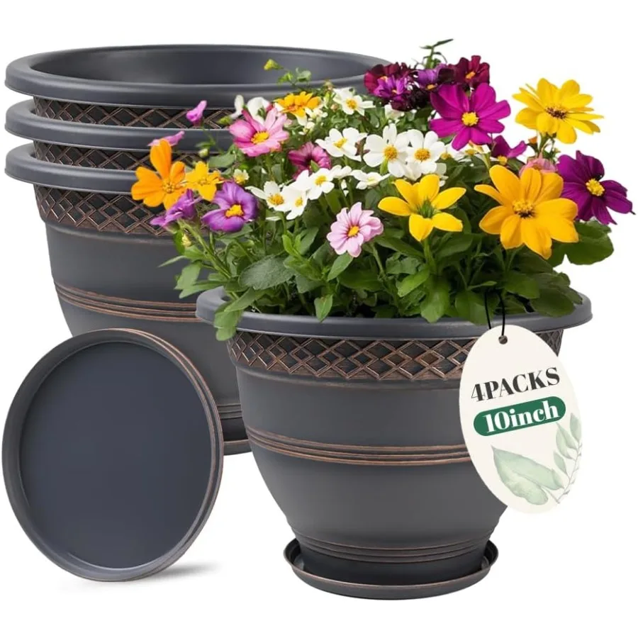 

10 Inch 4 Pack Large Plant Pots with Drainage Holes and Saucers in Plaid Pattern for Indoor and Outdoor Use Ideal for Growing H