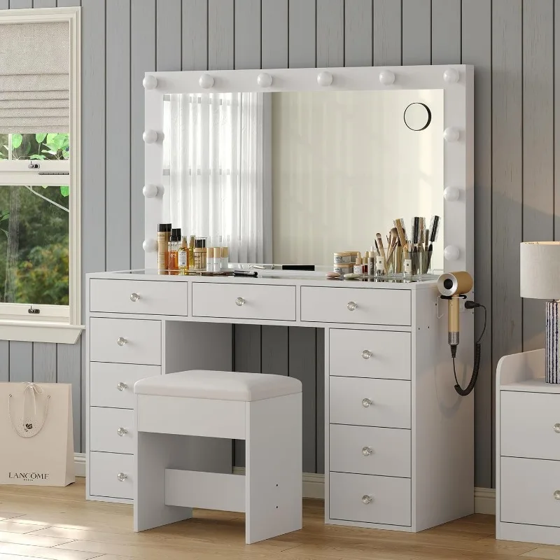 Vanity Desk with Power Outlet, Makeup Vanity with Mirror and 12 LED Lights, 3 Lighting Modes,11 Drawers Vanity Table with Chair