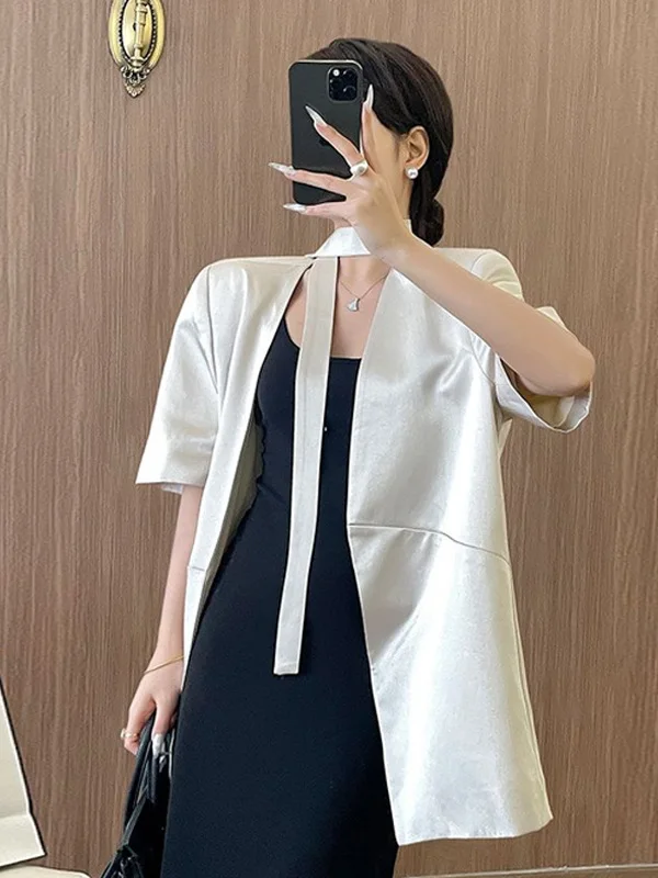 

Модный свободный женский пиджак с коротким рукавом, летний, новый стиль, стройнящий, повседневный, для офиса, однотонный, из полиэстера