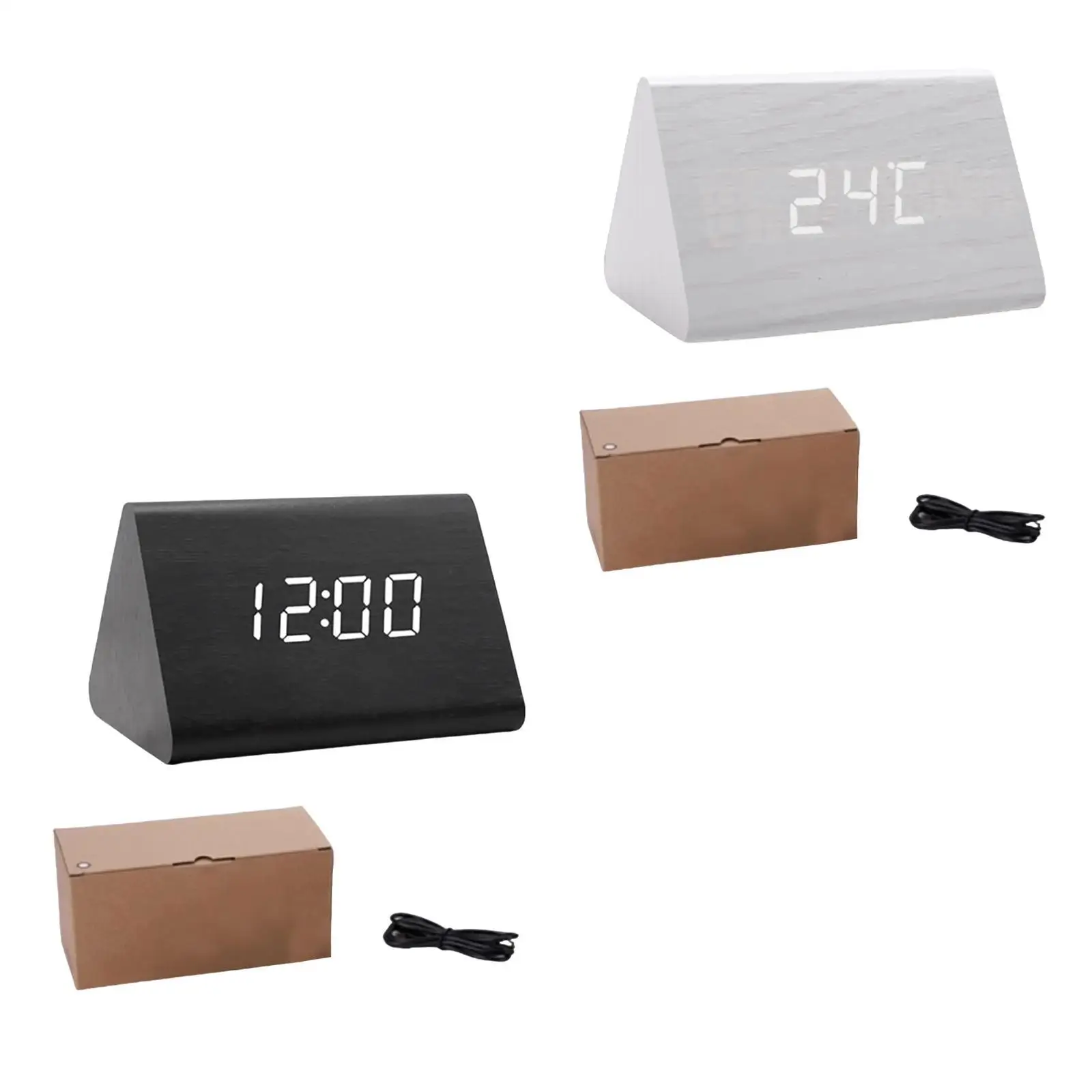 Digital Alarm Clock Triangle Alarm Clock Wood with Calendar Dimmable Electric