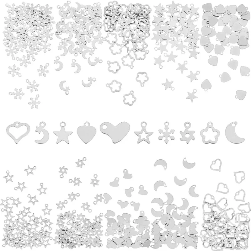 400Pcs 10 Style Charms Pendants 201 Stainless Steel Heart Star Moon Pendants 1.2-1.6mm Hole Small Pendants Earring Dangle Charms