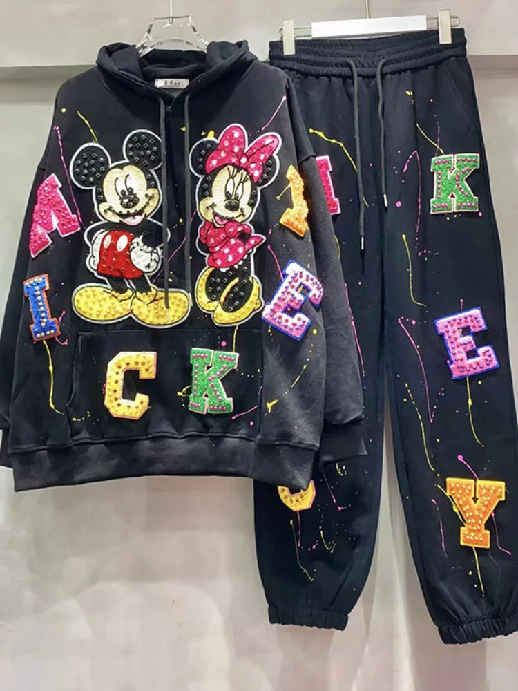 Trendy Brand Cartoon felpa con cappuccio tempestata di diamanti pantaloni sportivi in due pezzi completi da donna autunno tuta sportiva per il tempo