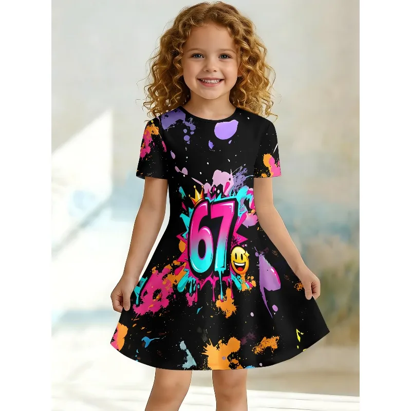 Girl Graffiti Style 67 bedrucktes T-Shirt-Kleid, Streetwear-Kleid für Kinder, schwarz, bunt, Freizeitkleid, geeignet für Geburtstagsgeschenke
