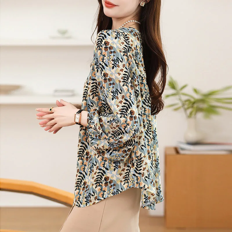 Women Clothing Chic O-neck Long Sleeve Chiffon Shirt Spring Summer Fashion Elegant Floral Printing Blouses Casual Loose Y2k Tops