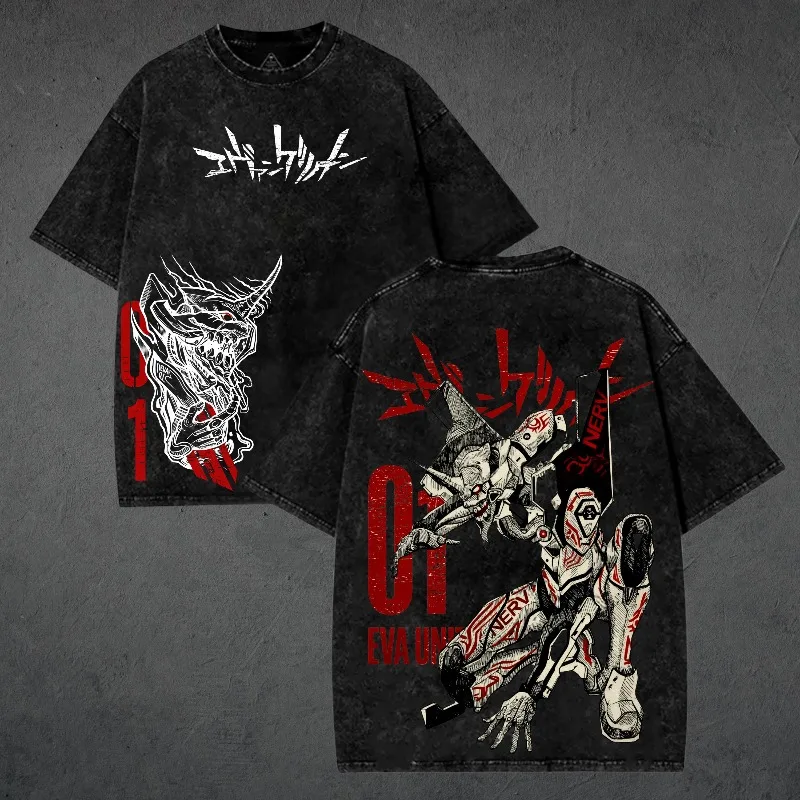 EVA-01 Körpermuster EVA T-Shirt Herren Gewaschenes Y2K T-Shirt Sommer Neu Anime-Stil Unisex