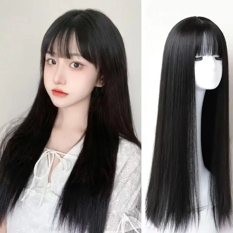 28in Long Black Straight Wig with Air Bangs for Women Heat Resistant Elegant Fashion Synthetic Wig for Daily Wear and Cosplay