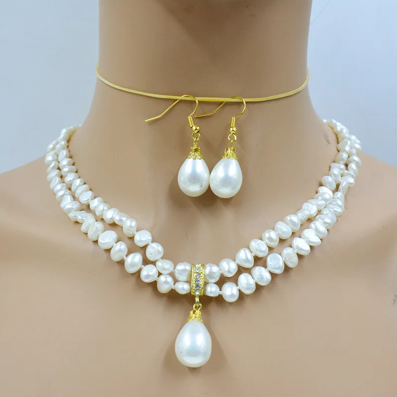 2-layer 6MM AAA natural white Baroque pearl necklace earring set. Classic Women's Most Beautiful Jewelry 18'