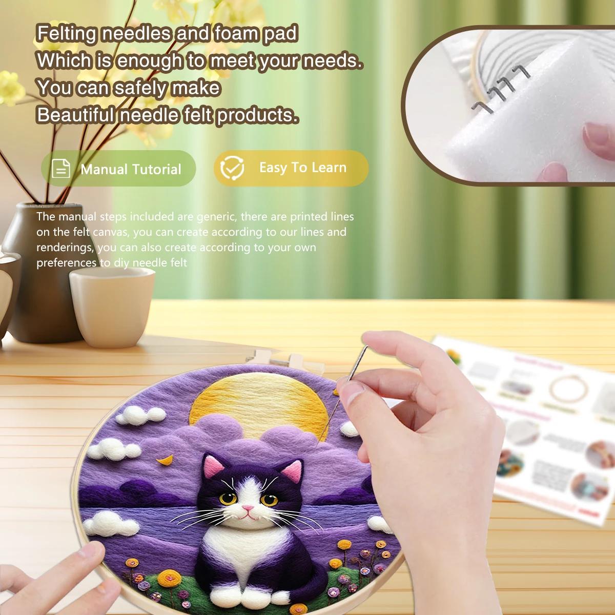 SDOYUNO-Wool Felt Painting Black Cat Adult Crafts Stitch Handmade Knitting Kit Diy Creative Making Wool Felt Kit Home Decoration