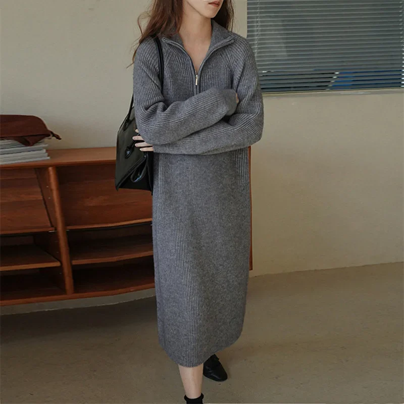 

Women Sweater Dress Turn Down Collar Solid Knitted Ankle Length Dresses Spliced Zippers Loose Autumn Pullover High Street