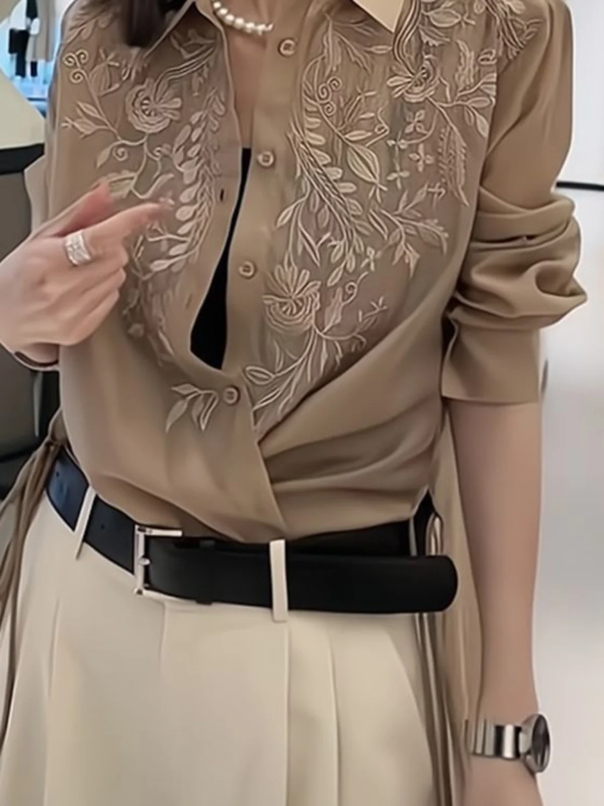 

Ele Color Embroidered Flower Loose Long Sve irt Summer Turn-down Collar Single Button Faionable Women's irt