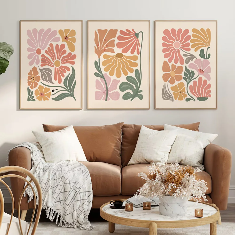 Set of 3 Boho Abstract Botanical Floral Art Poster Canvas Print Flower Market Vintage Painting Minimalist Wall Decor Picture