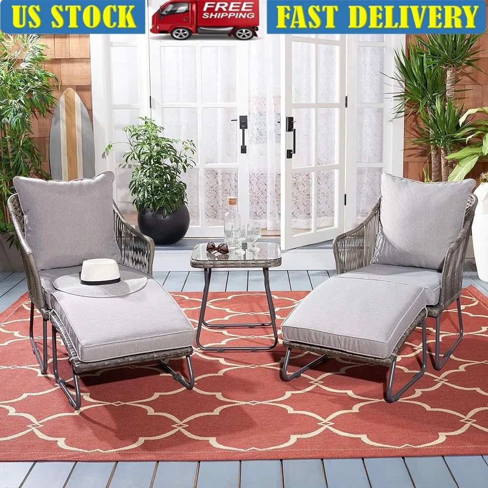 

Outdoor 5-Piece Chaise Lounge Set Cushions Accent Table Comfortable Grey Rattan Steel Furniture Patio Garden