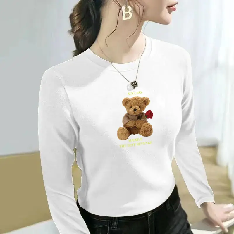 Autumn and winter warm velvet warm base shirt for women, slim fit round neck printed long sleeved T-shirt top