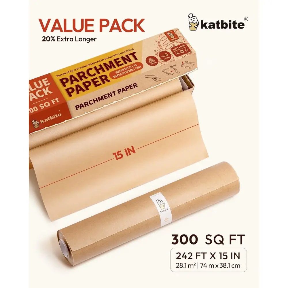 15 x 242ft Unbleached Parchment Paper Roll, 300 Sq. Ft., Non-Stick with Serrated Edge for Baking and Air Frying