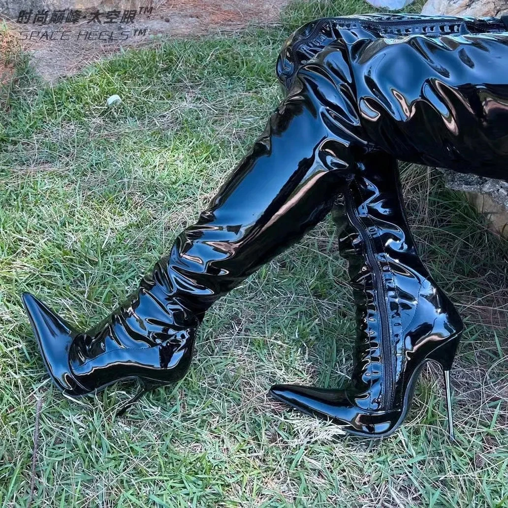 

Space and Europe and America pointy patent leather ultra-high heel 73cm boots sexy customized stage pole danc