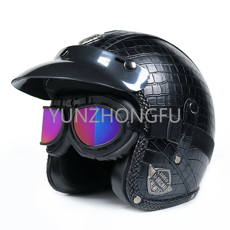 Helmet Male Electric Car Bow Retro Machine Handmade PU Leather 3/4 Half Helmet Four Seasons Female Grey Crown Prince Adul