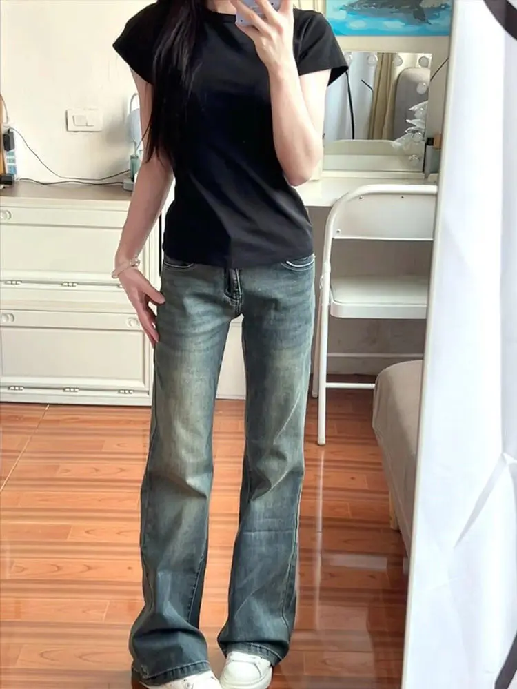 White Jeans For Women Straight Blue Casual Retro 2000S American Distressed Hole Ripped Female Clothing Unisex Basic Simple Long